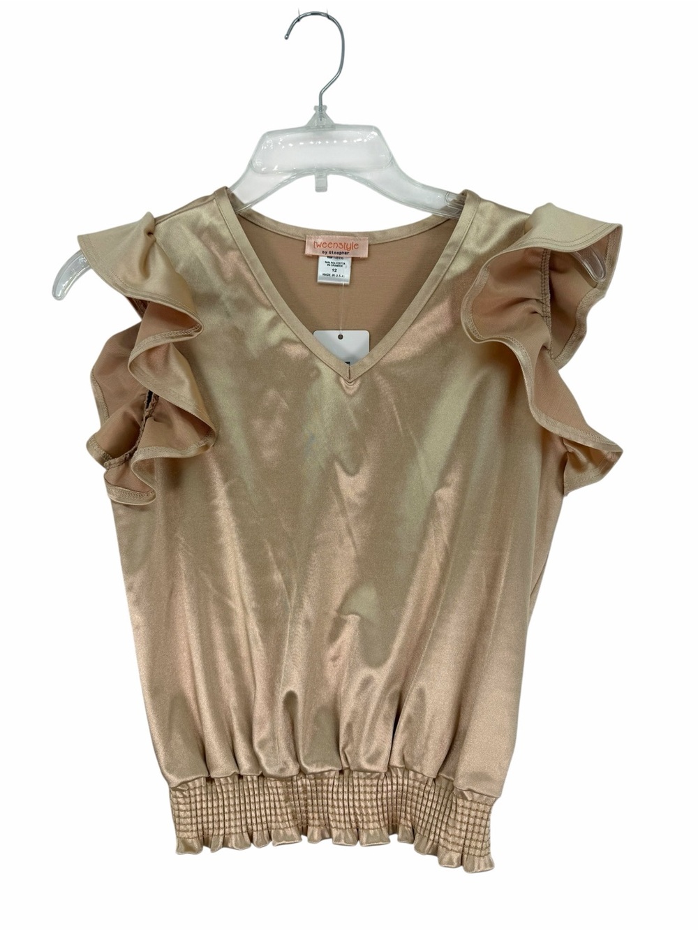 Tweenstyle Shimmery Champagne Gold Ruffle-Sleeve V-Neck Blouse NWT
